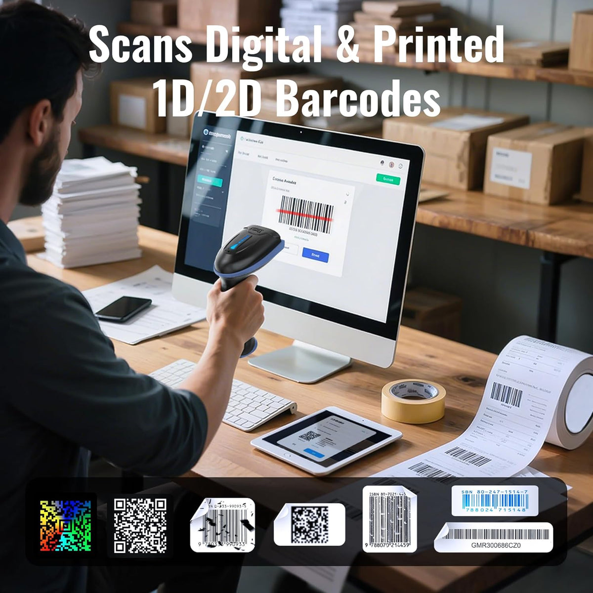 Tera 1D 2D QR Barcode Scanner Wireless and Wired with Battery Level Indicator Digital Printed Bar Code Reader Cordless Handheld Barcode Scanner Compact Plug and Play Model D5100