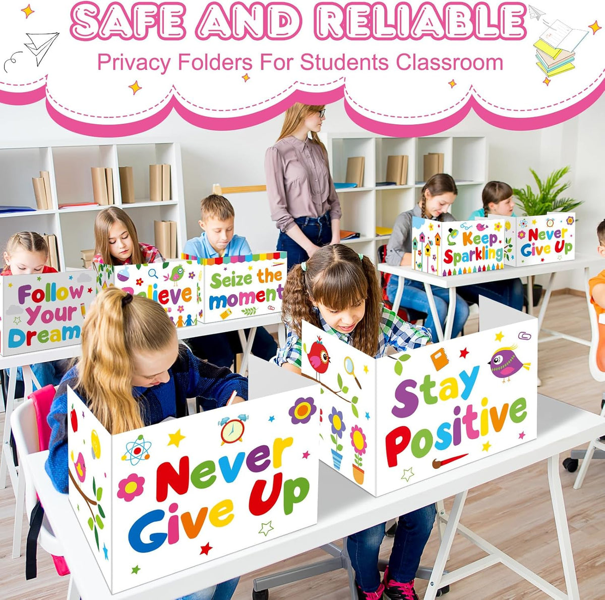 Honoson 24 Pcs Bulk Inspirational Privacy Folders for Students Cardboard Test Privacy Boards Motivational Words Desk Dividers Shield for Classroom School Study Supplies, 6 Styles(Energetic)