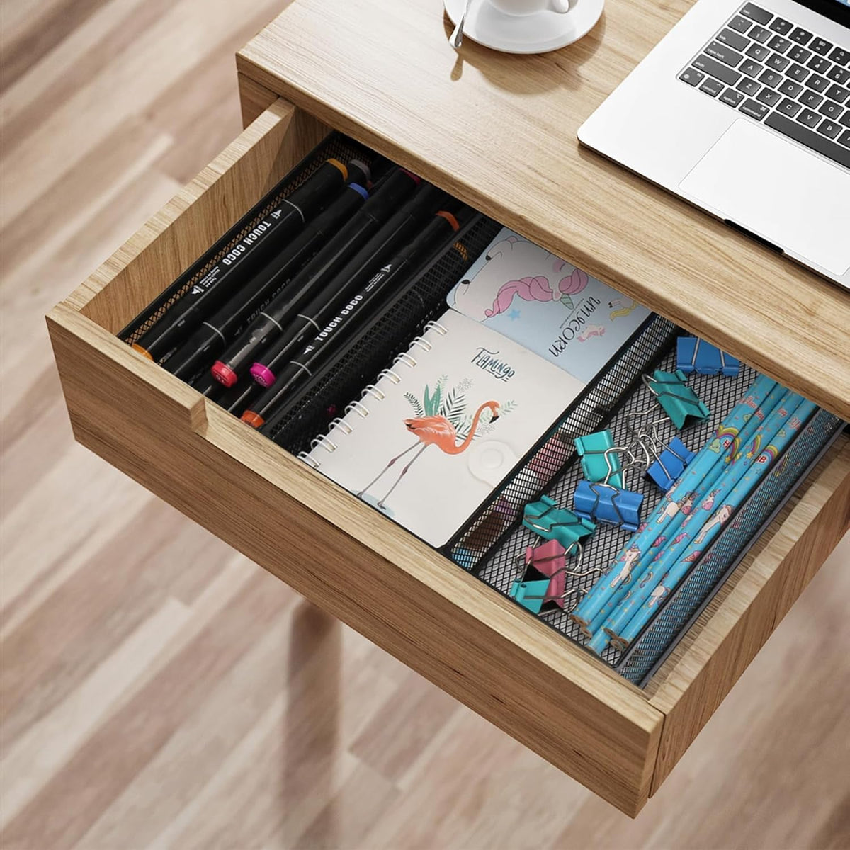 Office Drawer Organizer 2 Pack, Metal Mesh Set - Large Kitchen Drawer Organizer Tray, Adjustable Under Desk Storage for Papers, Office Supplies(Black)