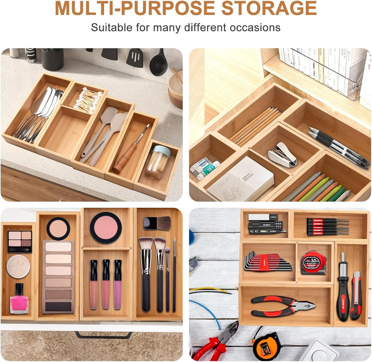 Bamboo Drawer Organizer 5 Pcs for Kitchen Multi-purpose Storage Dividers for Kitchen, Office, Jewelry, Cosmetics, Wooden Drawer Dividers for Drawer Organizer Desk Organizer Gift for Women Gifts Idea