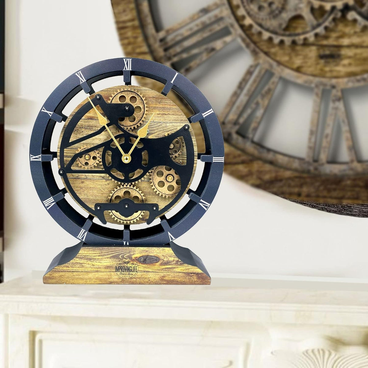 The Gears Clock Desk Clock 10 inches with Real Moving Gears Convertible into Wall Clock (Gold Antique)