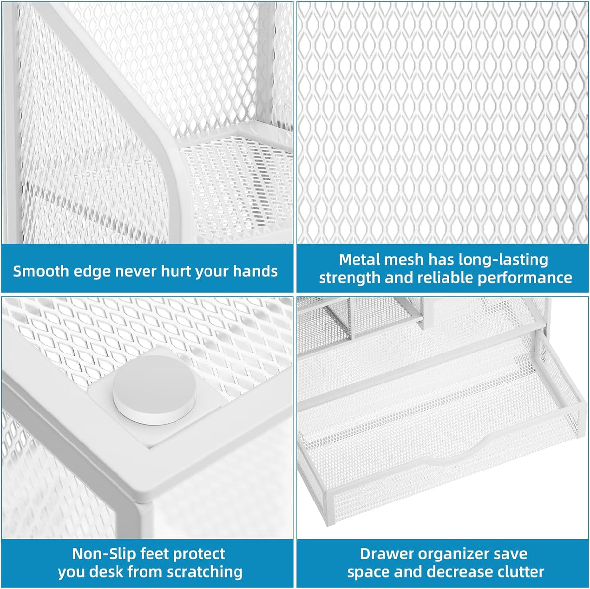Marbrasse Mesh Pen Holder for Desk, Multi-Functional Pencil Organizer with Drawer, Desk Organizers and Accessories for Office Art Supplies (White)