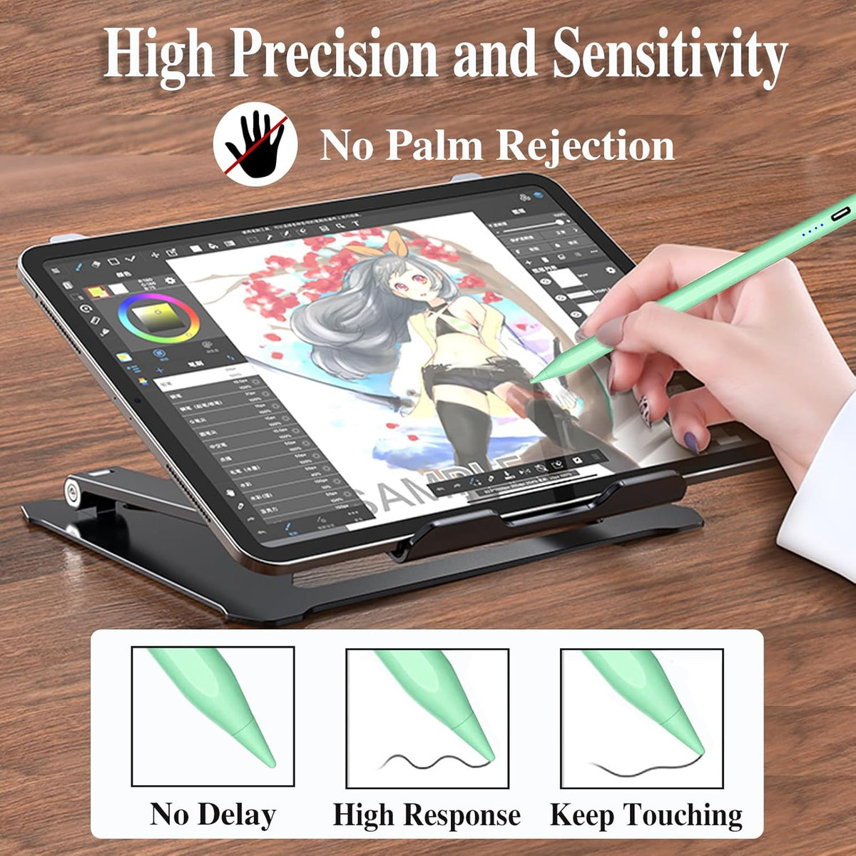Active Stylus Pens for Touch Screens Magnetic Type-C Charging Tablet Pen with 4 POM Tips iPad Pencil Stylus Pen for iPad/Pro/Air/Mini/iPhone/Samsung/Android and Other Smartphone Device-Green
