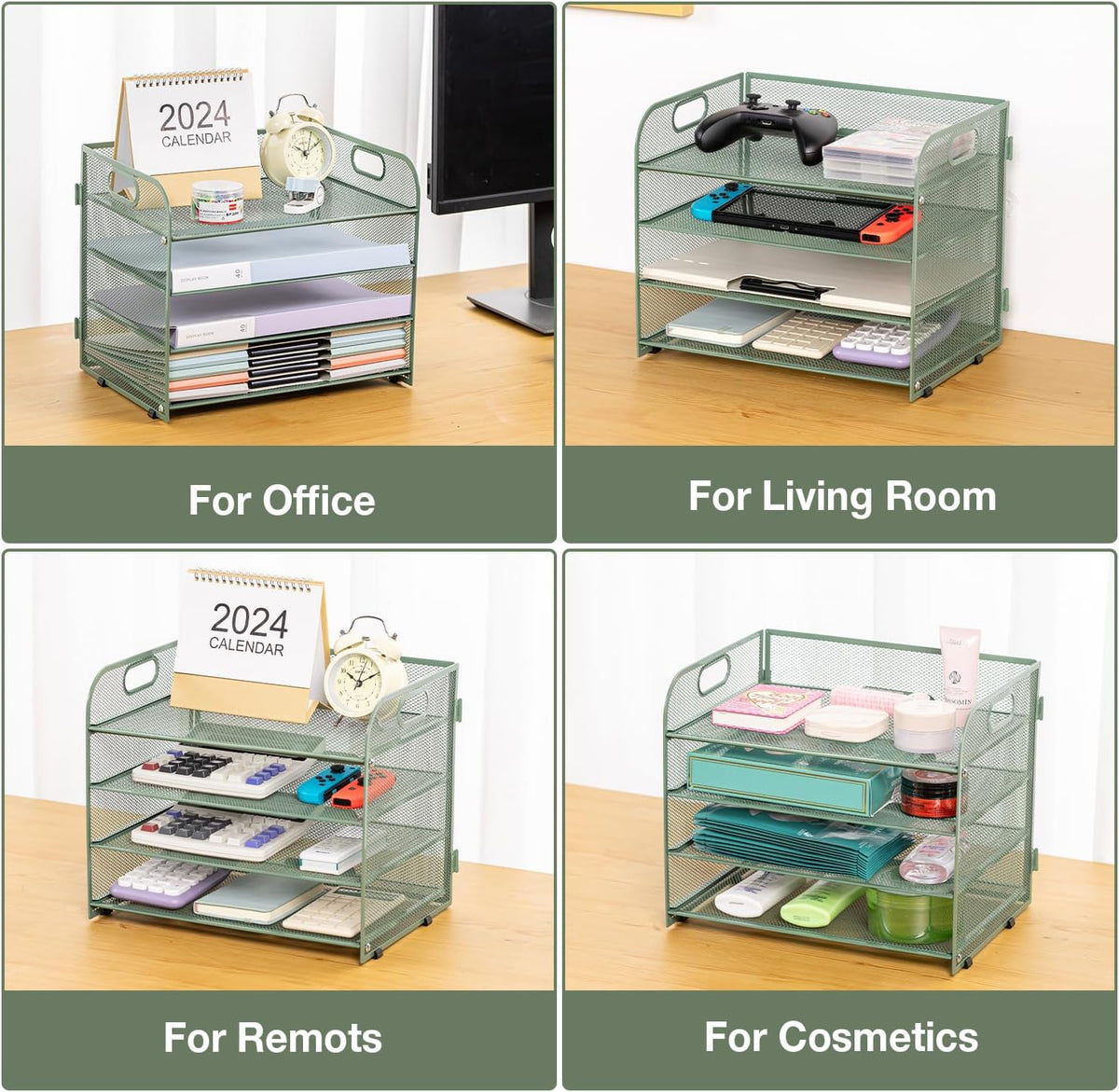 Green Mesh Letter Tray Paper Organizer with Handle - 4-Tier Desk Organizer for Office Supplies