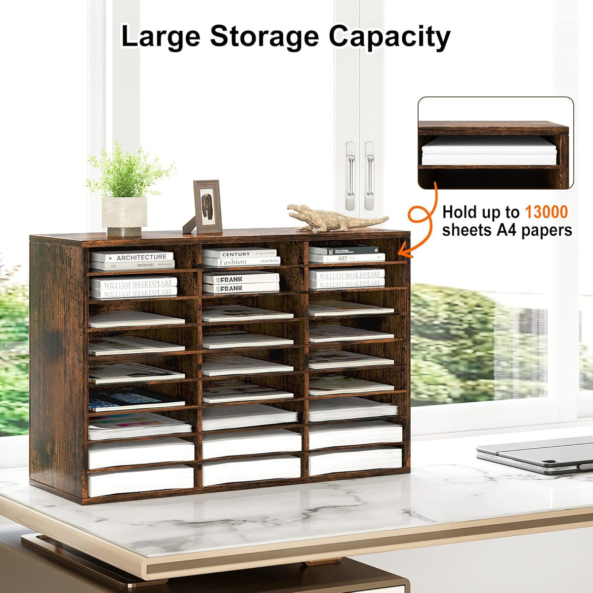 Mail Organizer Countertop, 27 Slots Wooden Desk File Literature Sorter, Adjustable Paper Storage Shelves Document Holder, Space Saving Desktop Mailbox for Office Classroom, Rustic Brown