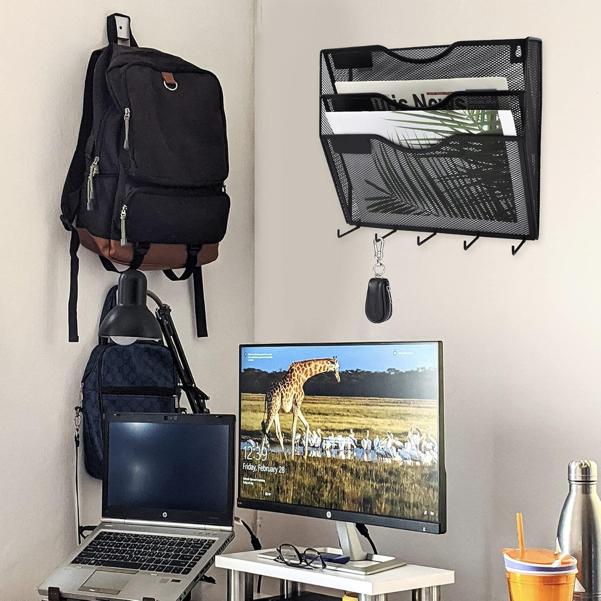 EASEPRES 3 Pocket Mesh Hanging File Organizer with Key Holder Hooks & Nametag Label, Wall Mounted Mail Paper Document Folder Clipboard Storage Organization Magazine Rack for Office Cubicle, Black