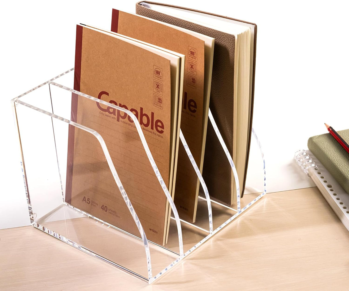 Acrylic Magazine File Holder, 4 Vertical Compartments Desk Document Sorter Organizer, Clear Folder Rack Binder for Office/Home/Classroom, for Documents, Tablet, Magazines, Books & Accessories