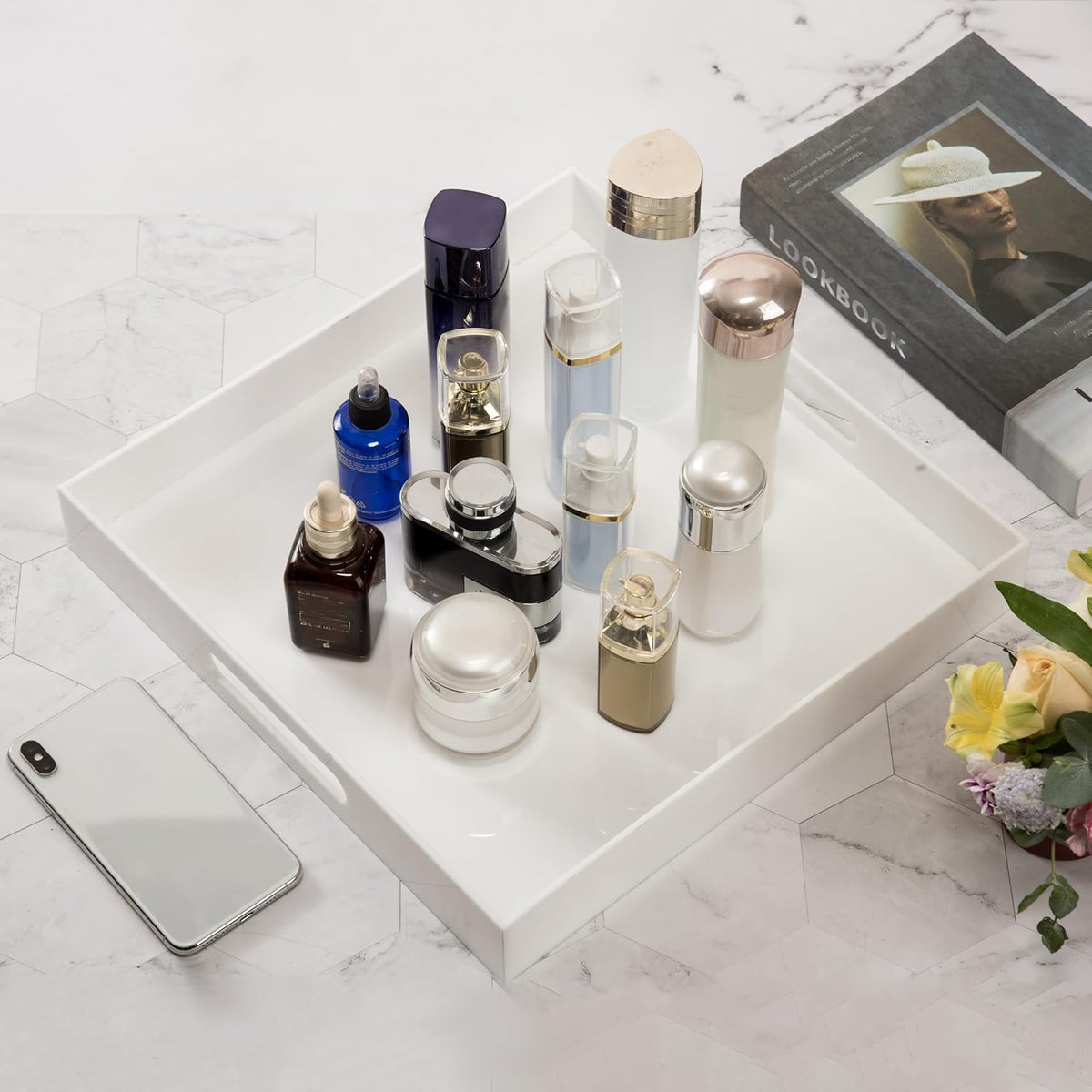 Glossy White Sturdy Acrylic Serving Tray with Handles-14x14Inch-Serving Coffee,Appetizer,Breakfast,Butler-Kitchen Countertop Tray-Makeup Drawer Organizer-Vanity Table-Ottoman Tray