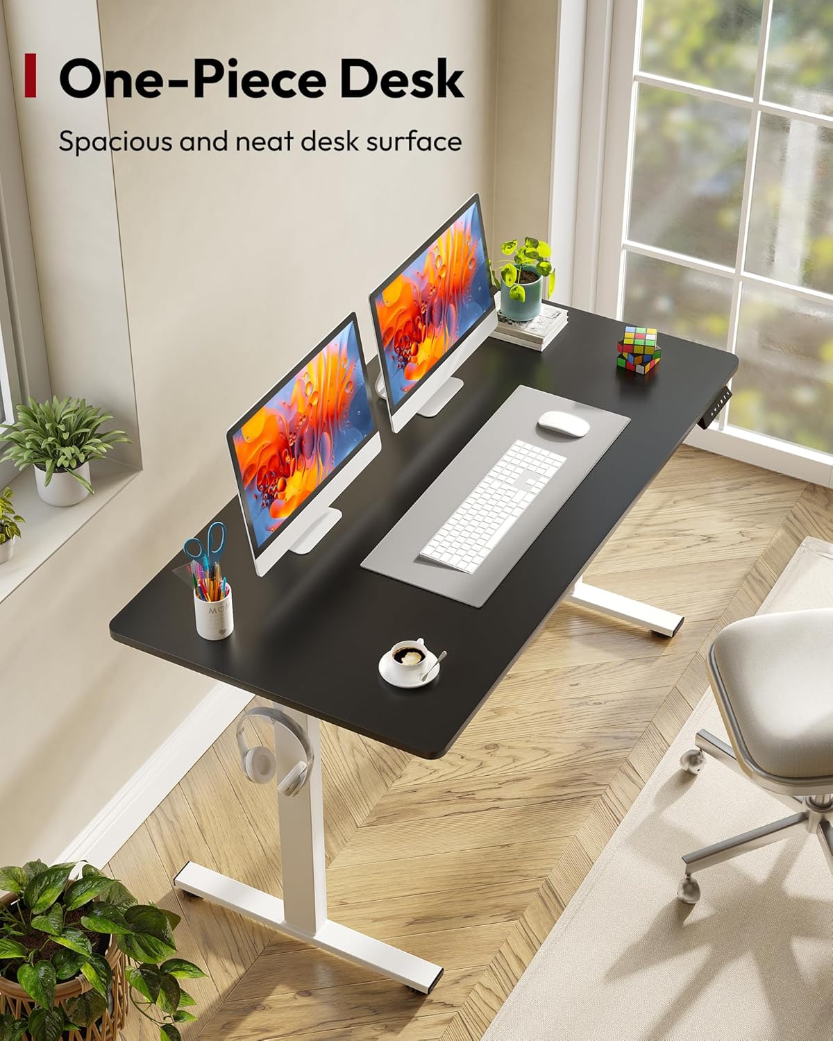 SANODESK Electric Standing Desk 55 x 28 Inches Whole-Piece Desktop Height Adjustable Stand Up Desk w/6-Button Controller Ergonomic Computer Desk for Home Office, White Frame + Black Tabletop