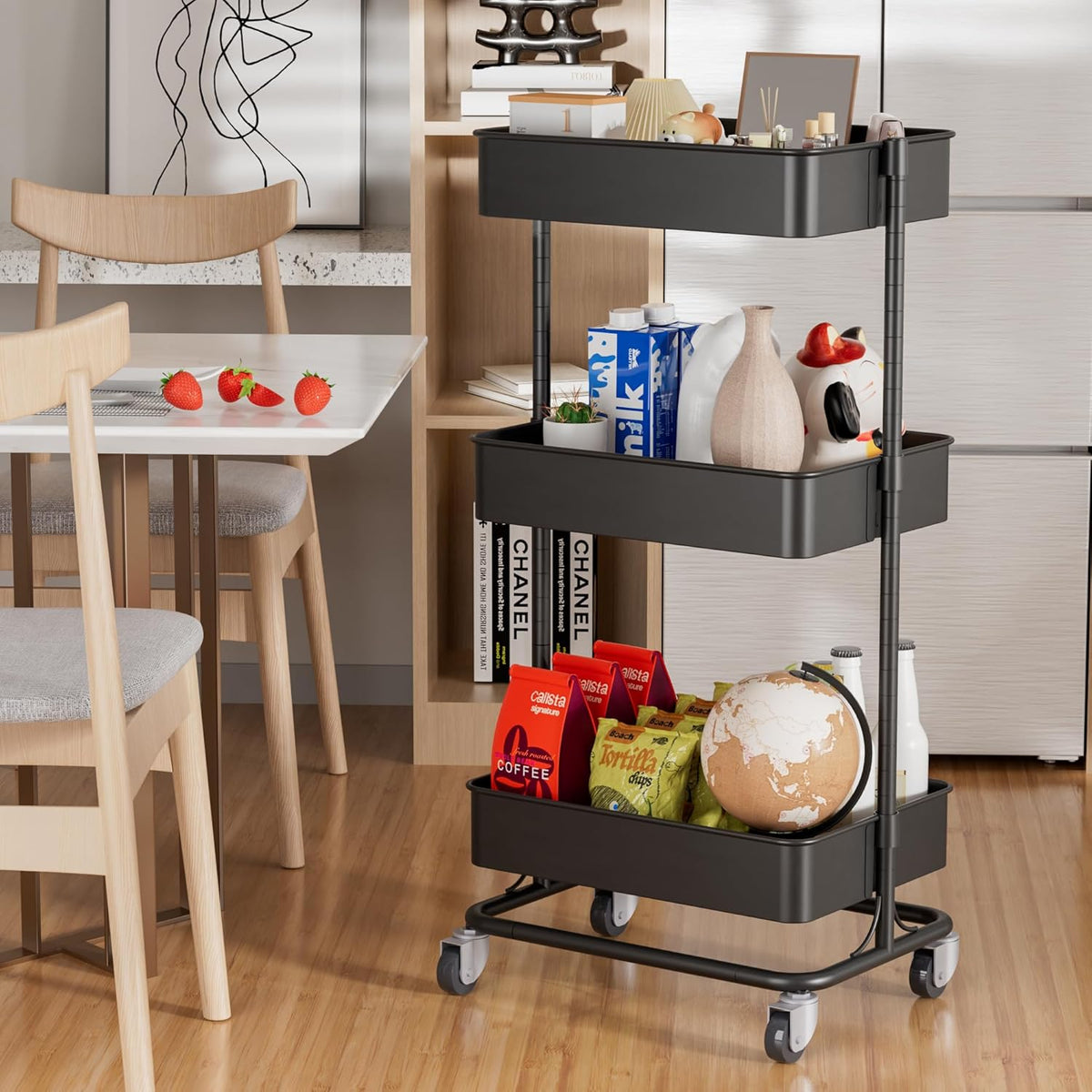 TECBOT 3 Tier Metal Rolling Cart with Wheels, Utility Storage Cart with Handle and Lockable Casters, Storage Basket Organizer Shelves, Easy Assemble for Kitchen, Living Room, Office, Nursery, Black