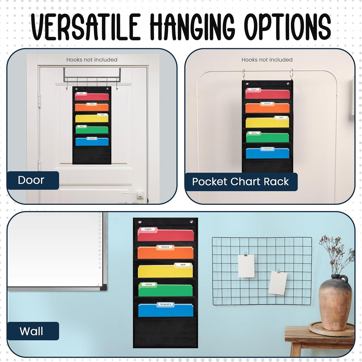 Essex Wares - 5 Pocket File Pocket Chart, Black, 14" Wide x 24" Tall - Versatile Wall Hanging File Folder Organizer for Classroom, Office, Home, and More - Wall Folder Organizer - 5 Pockets