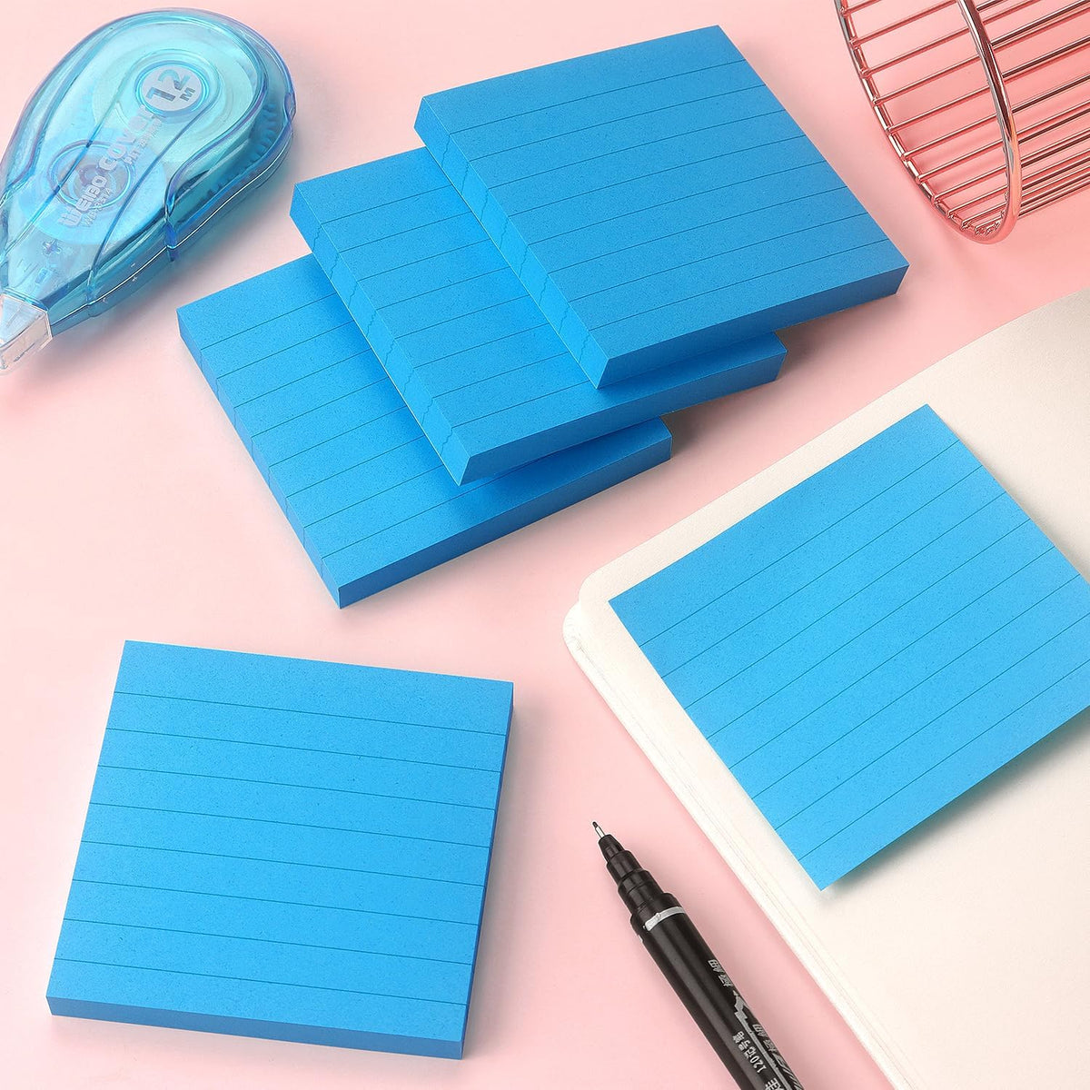 Lined Sticky Notes 3x3 Sticky Notes with Lines Self-Stick Notes Bright Color 4 Pads 90 Sheets/Pad (Blue)