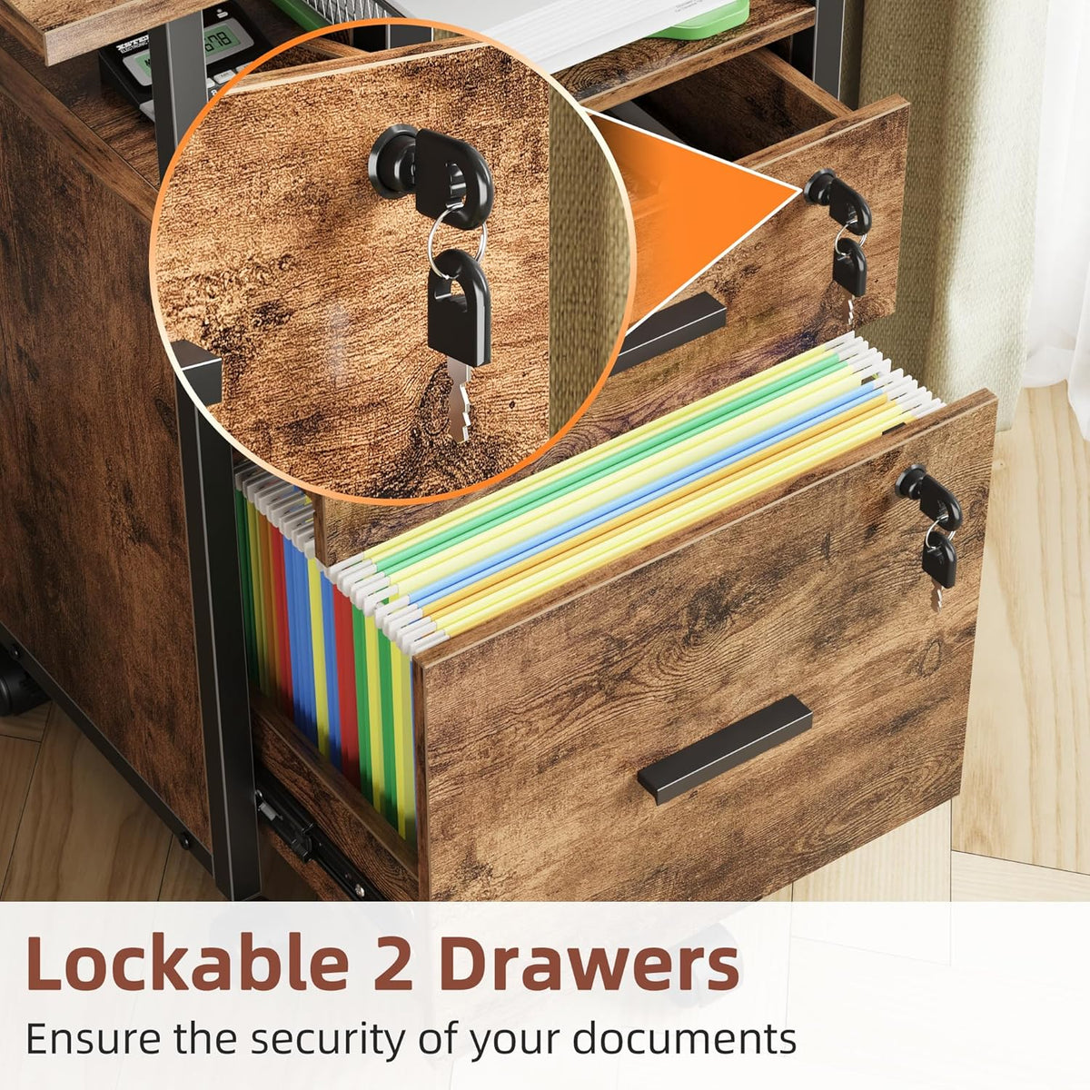 2 Wood Drawer Lockable File Cabinet with 22'' Extended Desktop, Mobile Filing Cabinet with Side Bag, Rolling Printer Stand, Fits A4&Letter Size, Home Office, Rustic Brown