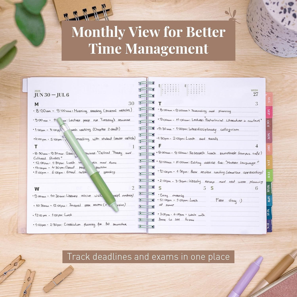Rileys Academic Planner 2025-2026, Daily, Weekly & Monthly Planner, July 2025 - June 2026, Student Notes Pages, Twin-Wire Binding, Weekly Agenda for School & Work (8 x 6-Inches, Green, Deco)