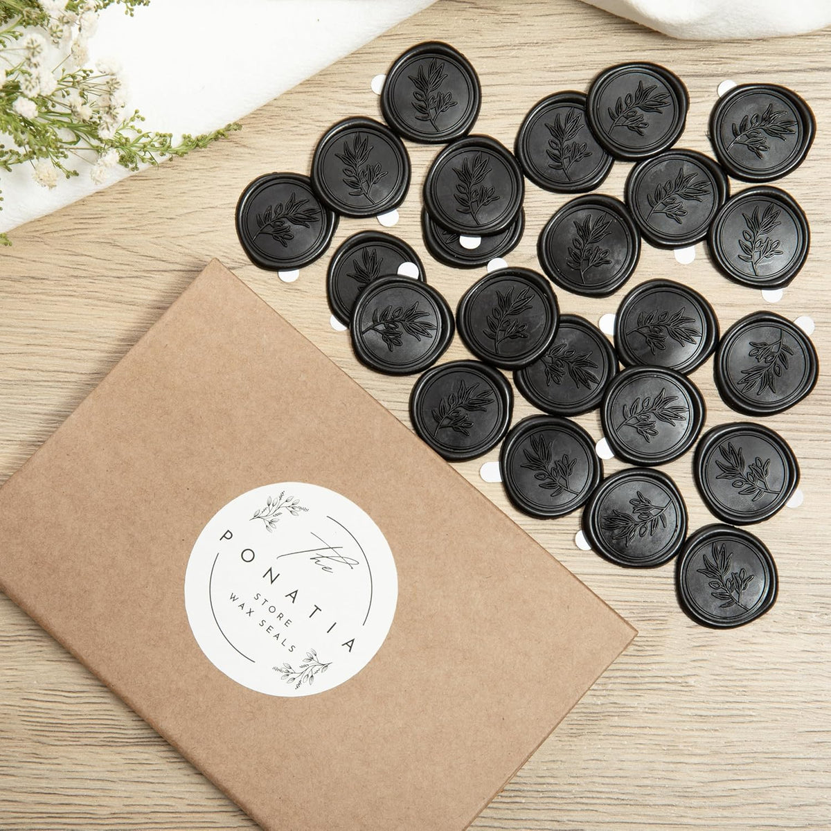 PONATIA Black Wax Seal Stickers - Wedding Invitation Seal Stickers, 50 Pcs Self- Adhesive Wax Seals, Perfect for Invitation Cards, Envelopes Christmas Cards, Gift Wrapping, Party Menu Decor