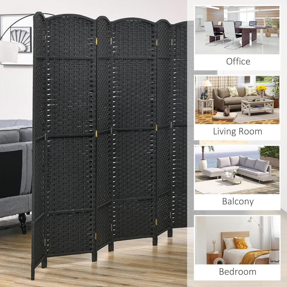 HOMCOM Room Divider, 6 Panel Folding Privacy Screen, 5.6' Tall Freestanding Wall Partition for Home Office, Bedroom, Black