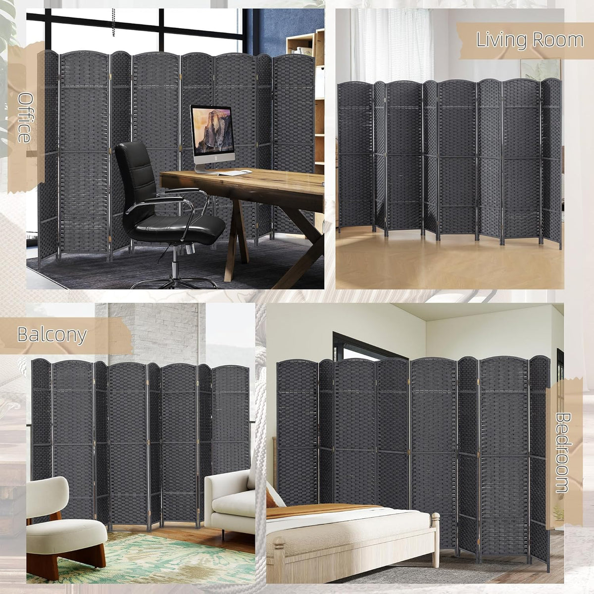 HOMCOM Room Divider, 8 Panel Folding Privacy Screen, 5.6' Tall Freestanding Partition for Home Office, Bedroom, Charcoal Gray