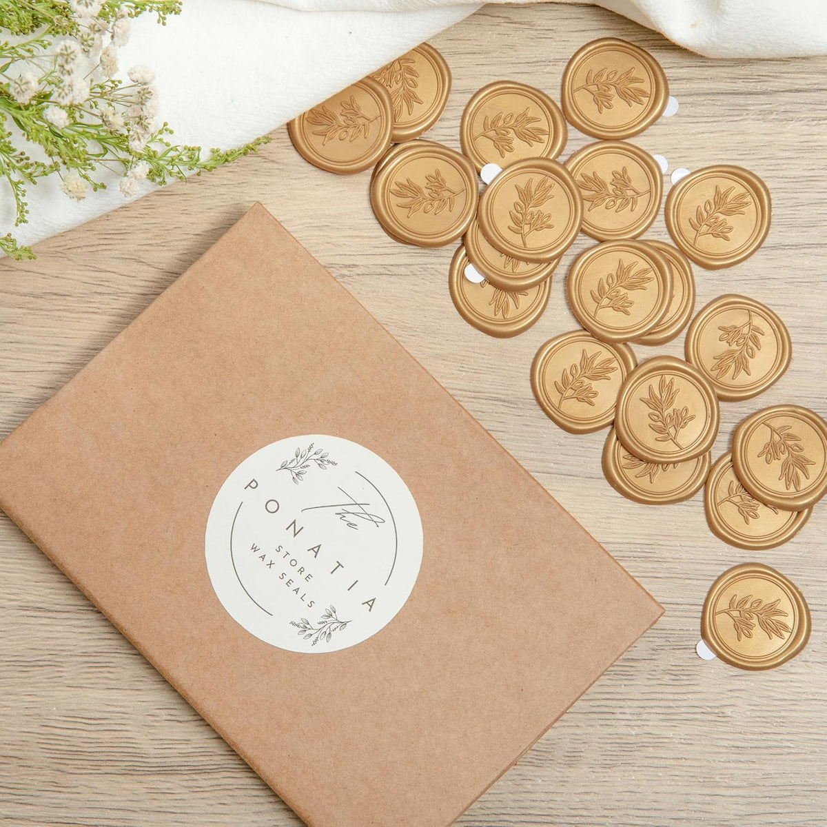 PONATIA Gold Wax Seal Stickers - Eucalyptus Wedding Invitation Envelope Seal, 50 Pcs Self-Adhesive, Perfect for Invitations, Christmas, Gift Wrapping, Party Menu Decor