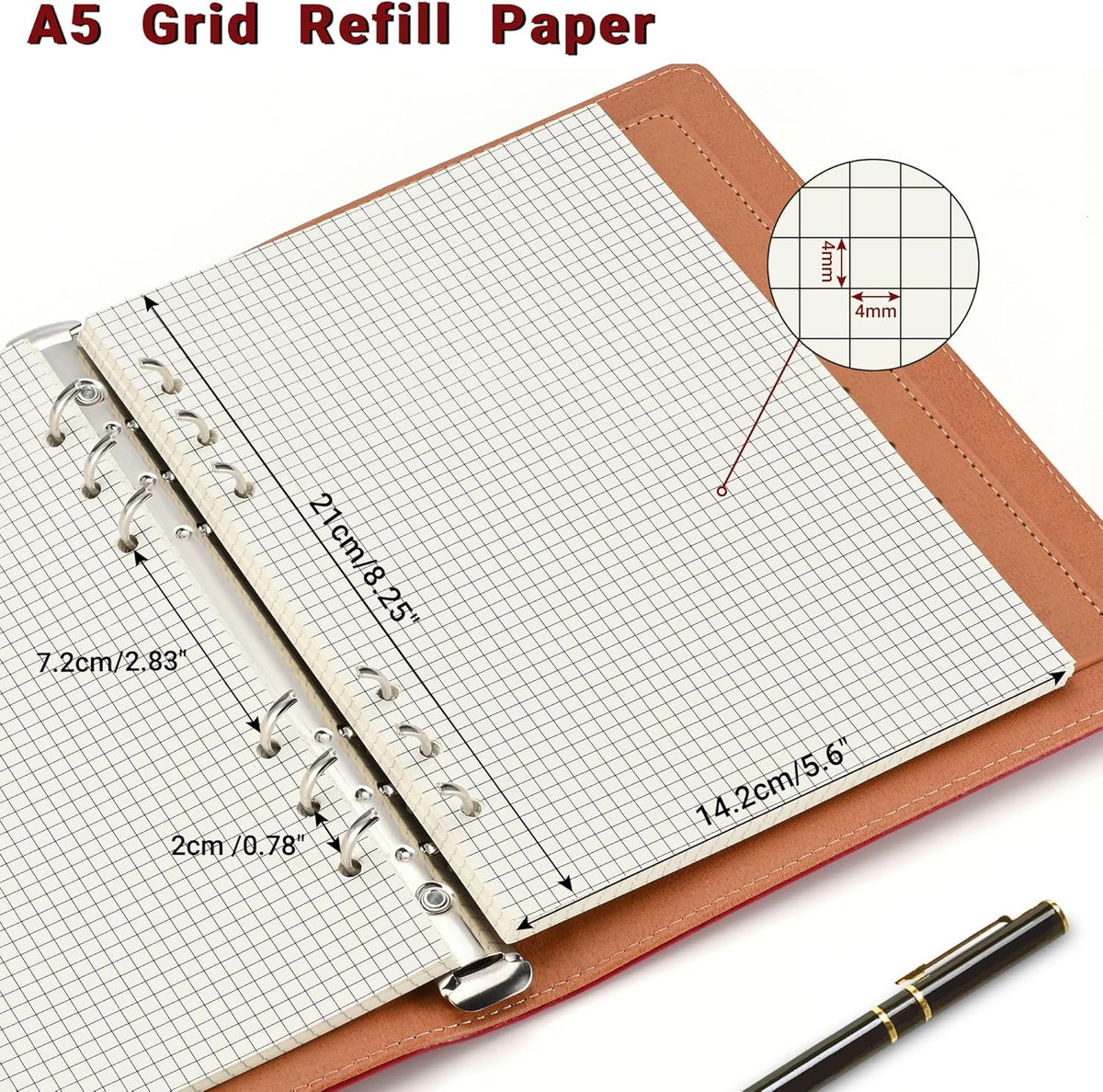 A5 Grid-Ruled Refill Paper, 100gsm Thick Beige No-Bleed Sheets (2 Packs, 80 Sheets Each), Pre-Punched – Fits A5 6-Ring Binders for Office, School & Teachers