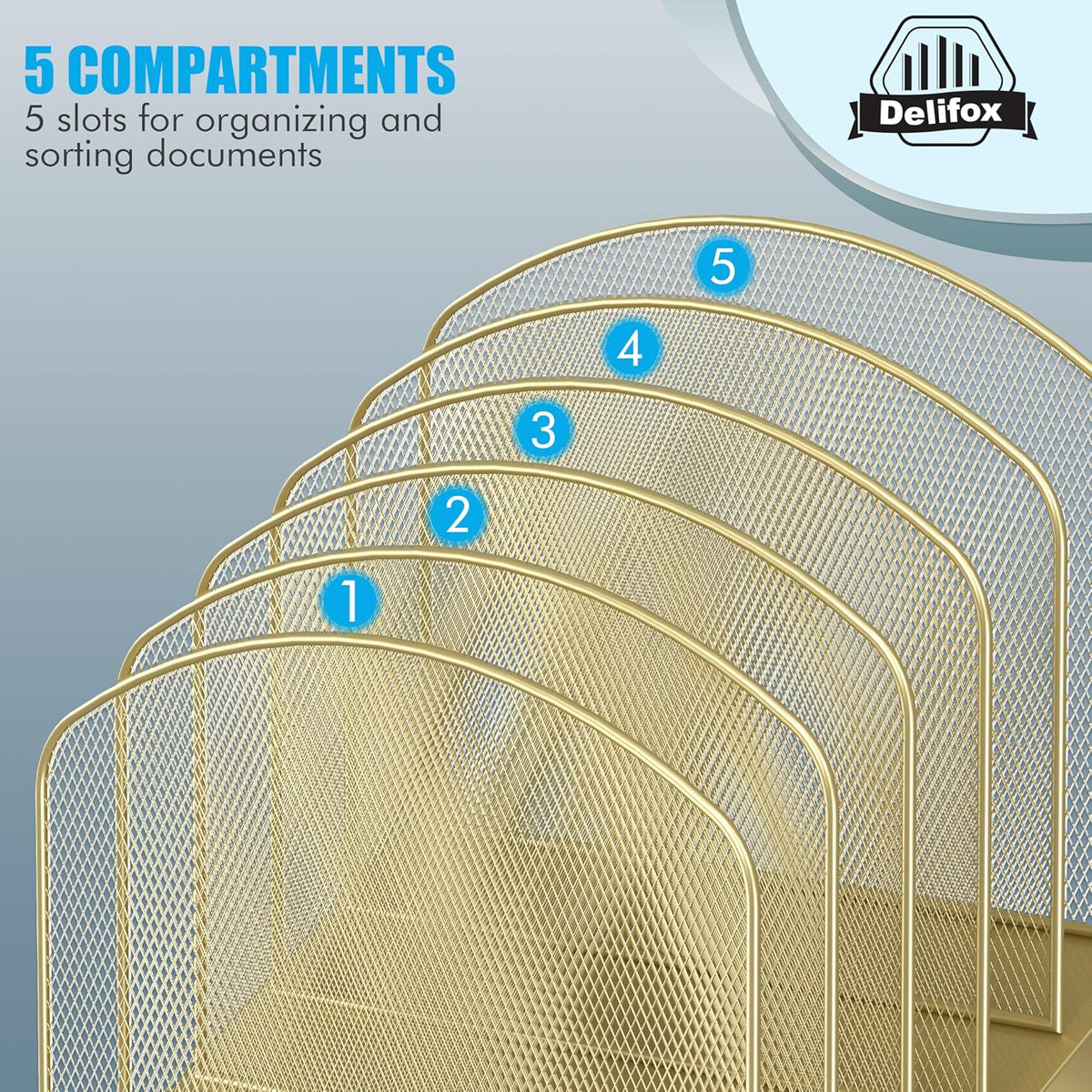 Inclined Desk File Organizer, 5-Section Vertical File Folder Holder Stand Metal Rack File Sorter for Office Classroom Desktop Organization (Gold, 1Pack)