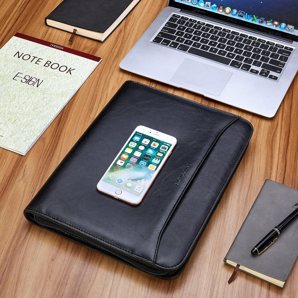 IVESIGN Zippered Padfolio Binder, Faux Leather Organizer with 3-Ring Binder, Left-Handed Design, Business Card Slots & Document Folders - Professional Padfolio for Office (Black)