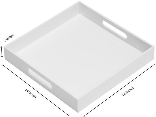 Glossy White Sturdy Acrylic Serving Tray with Handles-14x14Inch-Serving Coffee,Appetizer,Breakfast,Butler-Kitchen Countertop Tray-Makeup Drawer Organizer-Vanity Table-Ottoman Tray