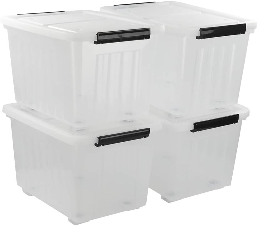 Asking 4-Pack Clear Large 50 L Plastic Storage Boxes, Plastic Storage Bins with Wheels