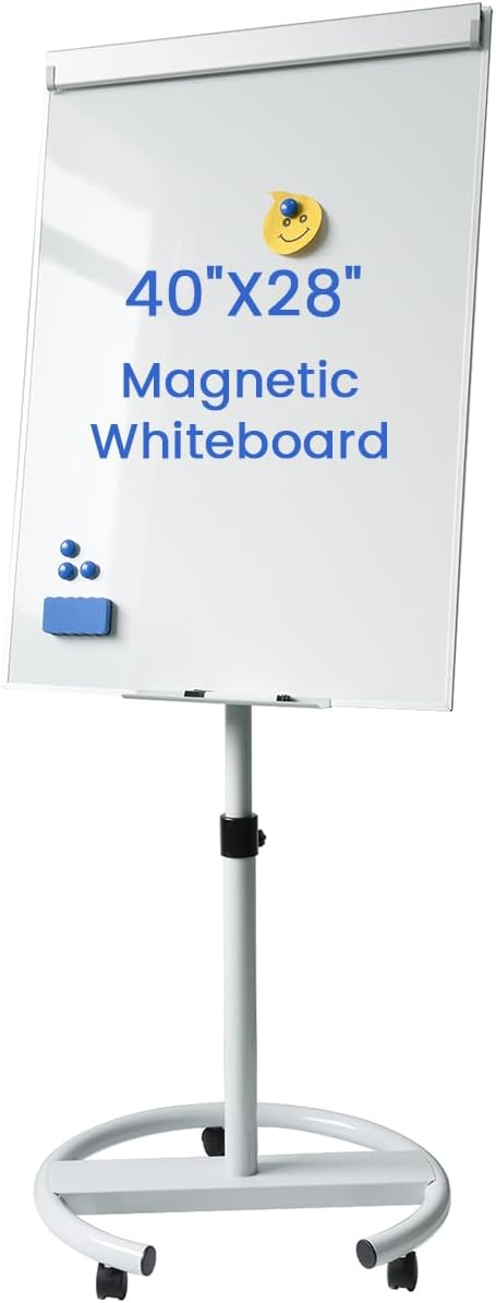 Rolling Whiteboard Magnetic Writeboard 40"x28" Flip Chart with 5 Wheels Adjustable Height Multi-Use Standing Bulletin Board (White)
