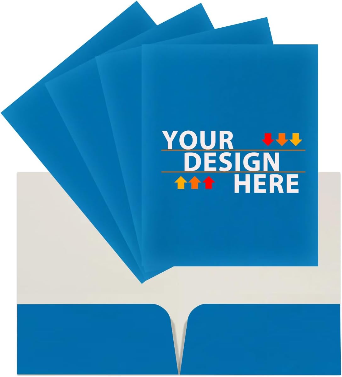 JAM PAPER Custom Printed Semi-Gloss Folders with Round Corner Pockets - Personalized Logo & Text - 10 pt C2S - Blue - 100/Pack