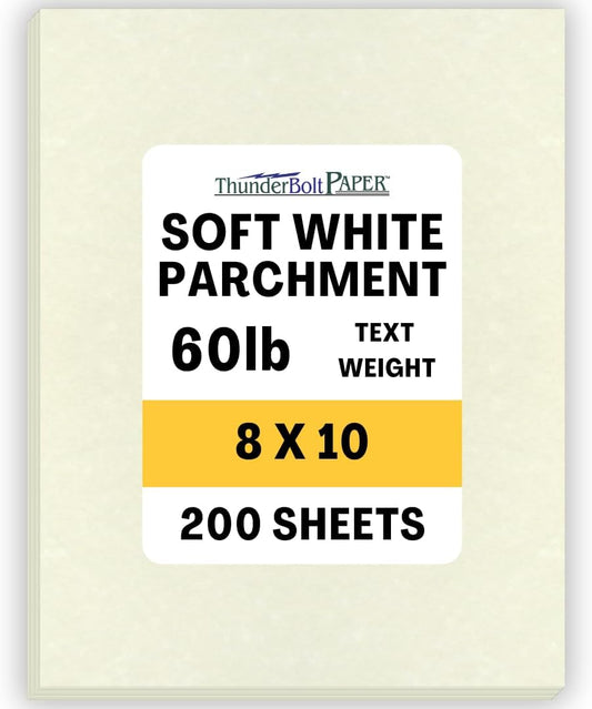 200 Soft White Parchment 60# Text (=24# Bond) Paper Sheets - 8 X 10 Inches Frame and Photo Size Size - 60 Pound is Not Card Weight - Vintage Colored Old Parchment Semblance