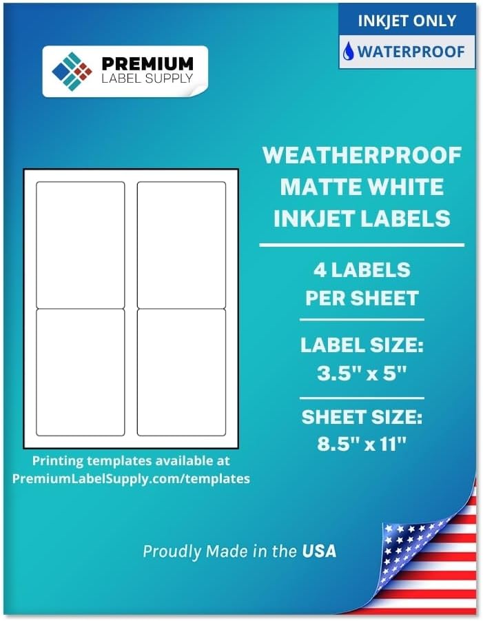 Premium Label Supply Waterproof Matte White Sticker Labels – 3.5" x 5" – Inkjet Printers Only – (4 per Sheet), 500 Sheets - 2,000 Total Adhesive Labels
