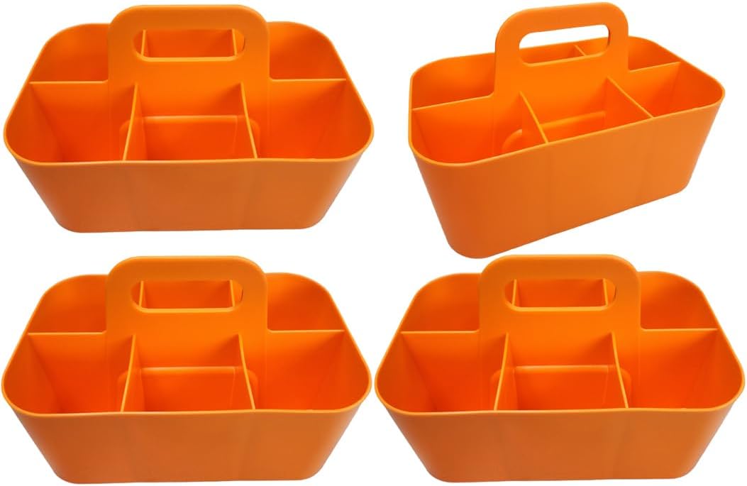 Small Stackable Plastic Caddy with Handle 6 Compartment | Desk, Makeup, Dorm Caddy, Classroom Art Organizers - 4 Pack, Made In USA (Orange)