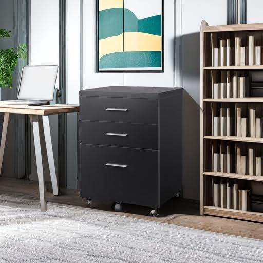 DEVAISE 3 Drawer File Cabinet for Home Office, Wood Under Desk Filing Cabinet, Rolling Printer Stand with Wheels, Black