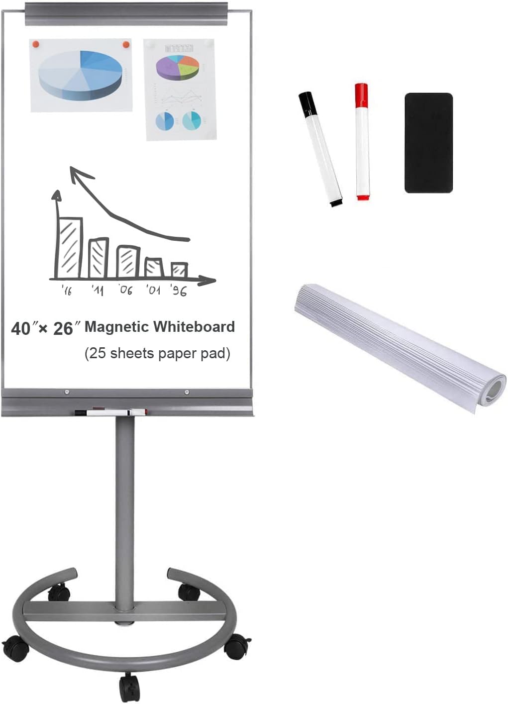 BIBOC Mobile Dry Erase Board – 40x26 inches Magnetic Portable Whiteboard Stand Adjustable Easel White Board Flipchart Easel Board with 25 Sheets Paper Pad 1 Eraser, 2Markers