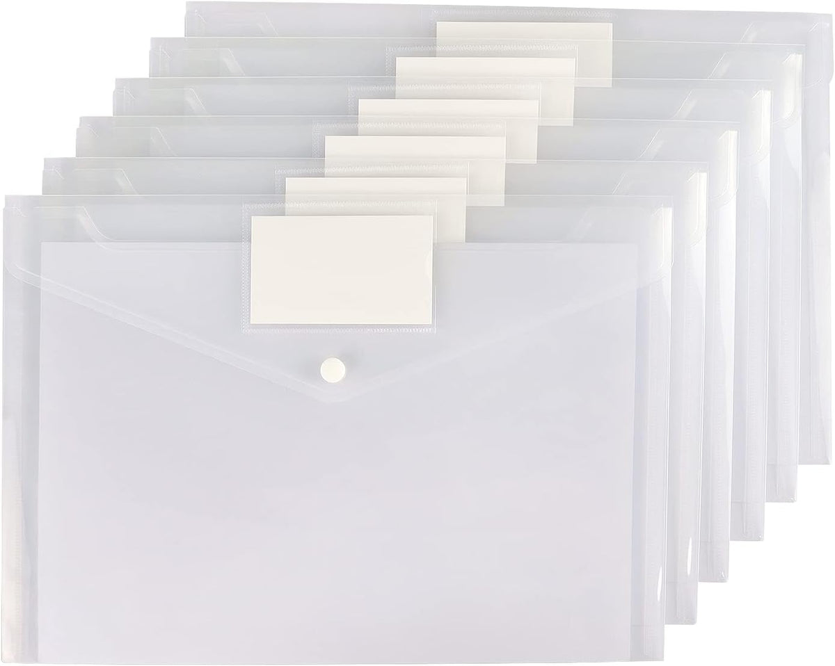 6 Pack Clear Document Folders Plastic Envelopes Poly Envelopes File Envelopes with Label Pocket and Snap Button for Home Work Office Organization, Letter Size/A4 Size, White