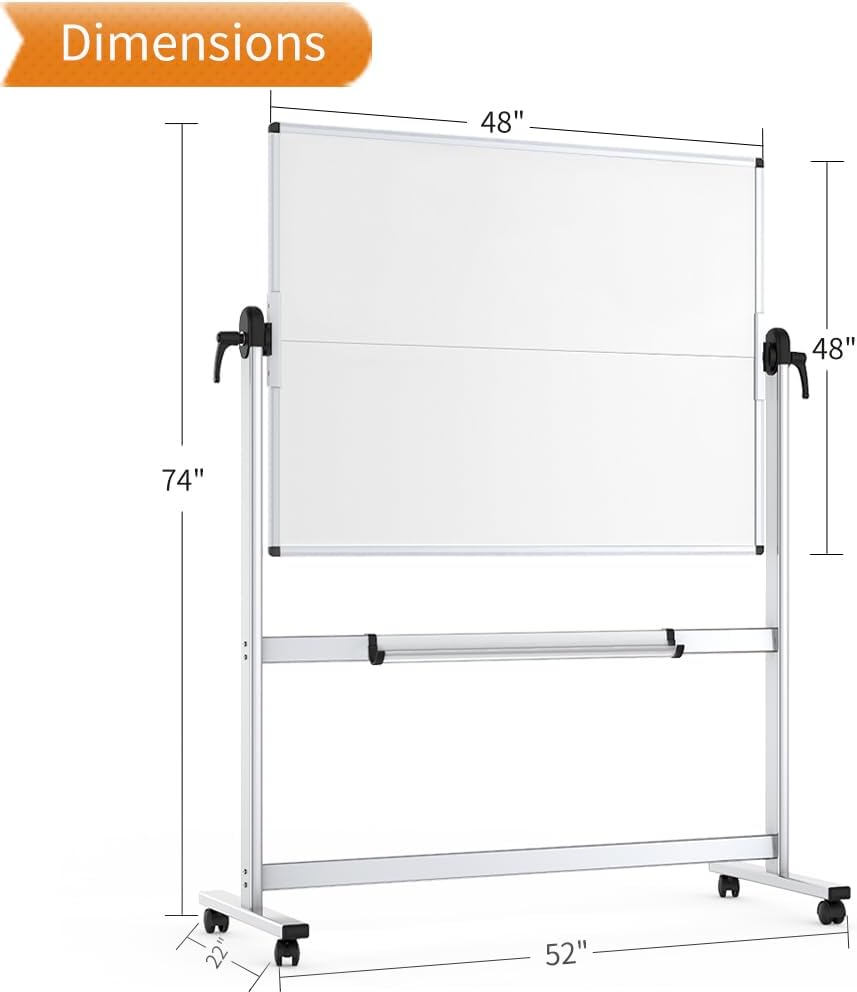 VIZ-PRO Double-Sided Mobile Whiteboard, 48 x 48 Inches, Magnetic Rolling Dry Erase White Board on Wheels with Aluminium Frame and Stand 4' x 4'