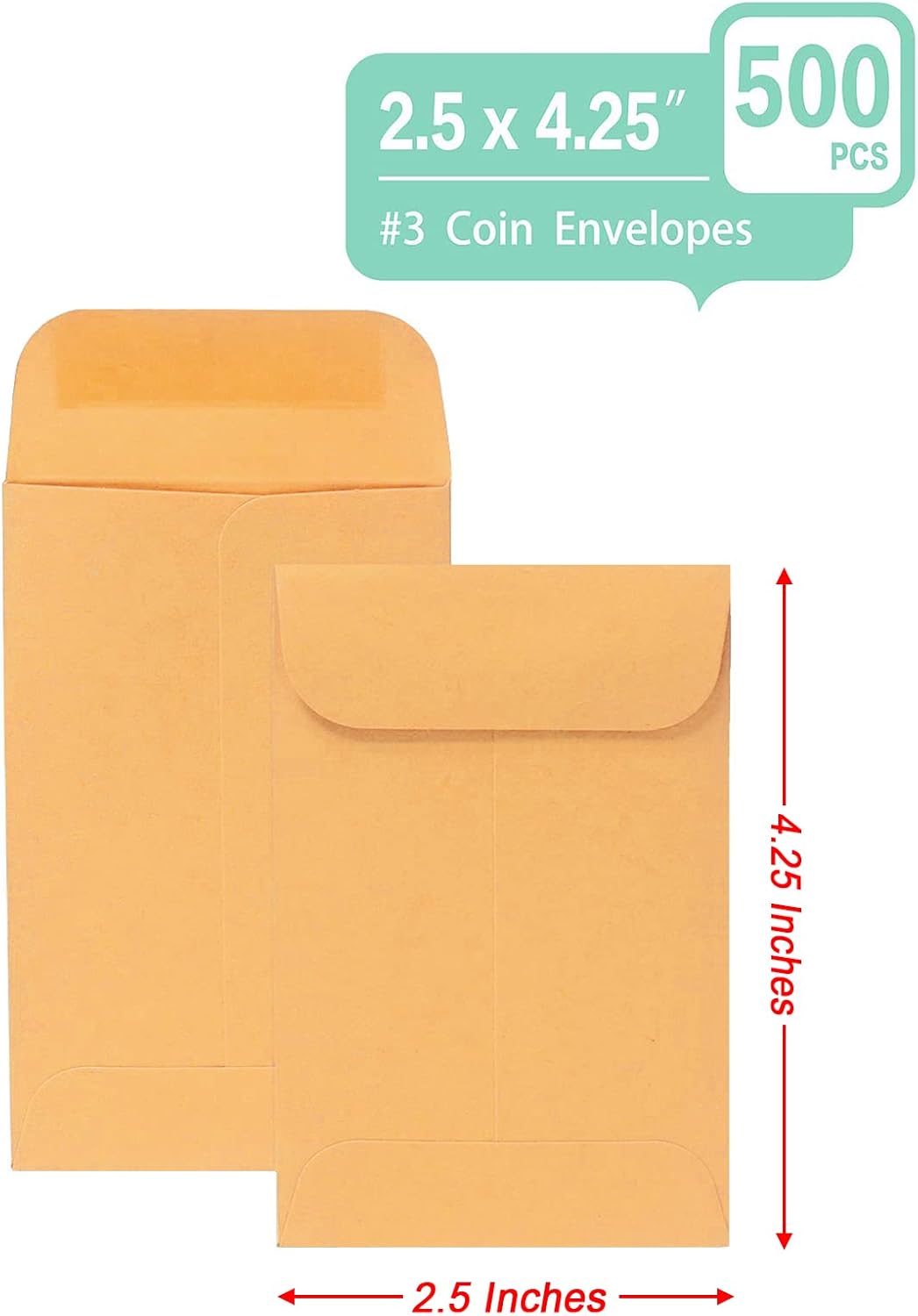 500 PCS #3 Coin Envelopes, 2-1/2” x 4-1/4” inches Brown Kraft Envelopes Classic Small Parts Envelopes with Self Adhesive Gummed Flap for Coins, Cash, Credit Cards, Seeds