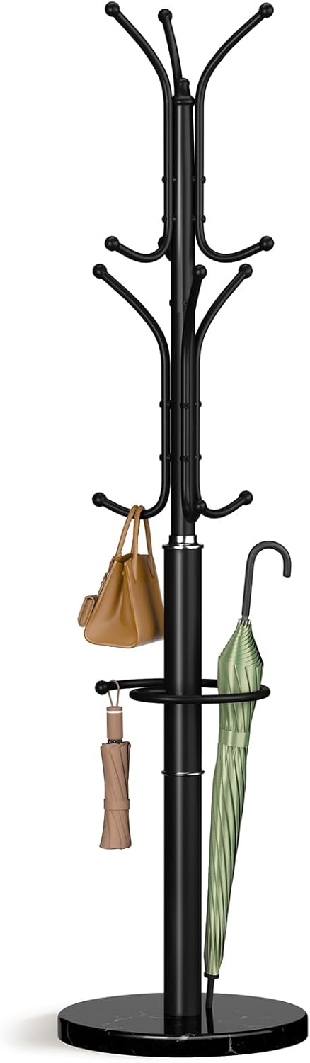 Yoobure Metal Coat Rack Freestanding with Marble Base, Coat Tree with 12 Hooks & Umbrella Holder, Coat Hanger Stand for Corner Entryway Bedroom Office, Heavy Duty Coat Rack Stand for Clothes Hats Bags