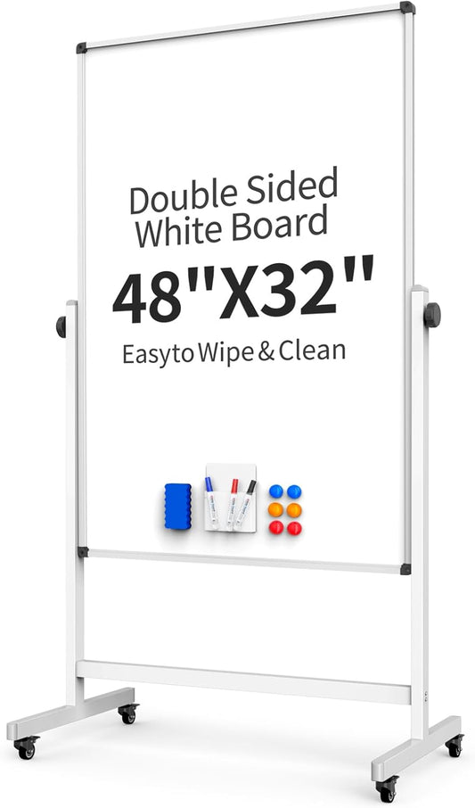 Rolling Whiteboard, Double Sided Magnetic Dry Erase Board Height Adjustable Whiteboard with Stand for Home Office Classroom (48" x 32")
