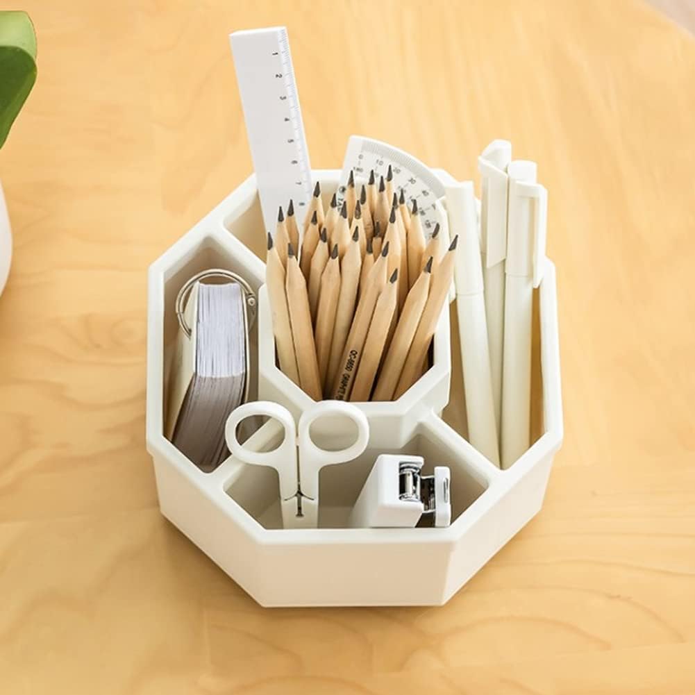Desk Organizer, 360-Degree Rotating Multi-Functional Pen Holder, 5 Compartments Desktop Stationary Organizer, Home Office Art Supply Storage Box Caddy (White)
