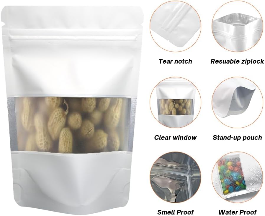 4CP 100 Pcs White Zipper Smell Proof Bags with Window, 5.5x7.9 Inch Stand Up Foil Pouches for Food Selfsealing Storage, Reusable Bag for Packaging Small Business, Cookies, Nunt, Candy
