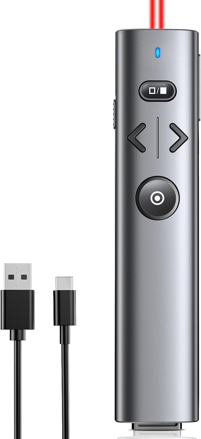 Wireless Presentation Clicker with Red Light Pointer, Clicker for Powerpoint Presentations with Volume Control, Rechargeable Long Range Presenter for Google Slide Keynote PC