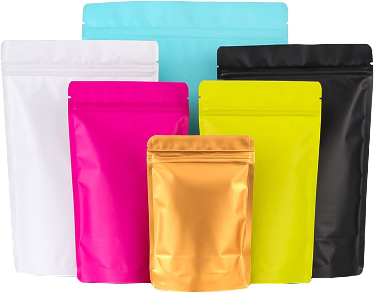 100 Pack Resealable Stand Up Bags,7.1" x 10.2" Smell Proof Pouch Sealable Foil Pouch Bags for Packaging (Gold)