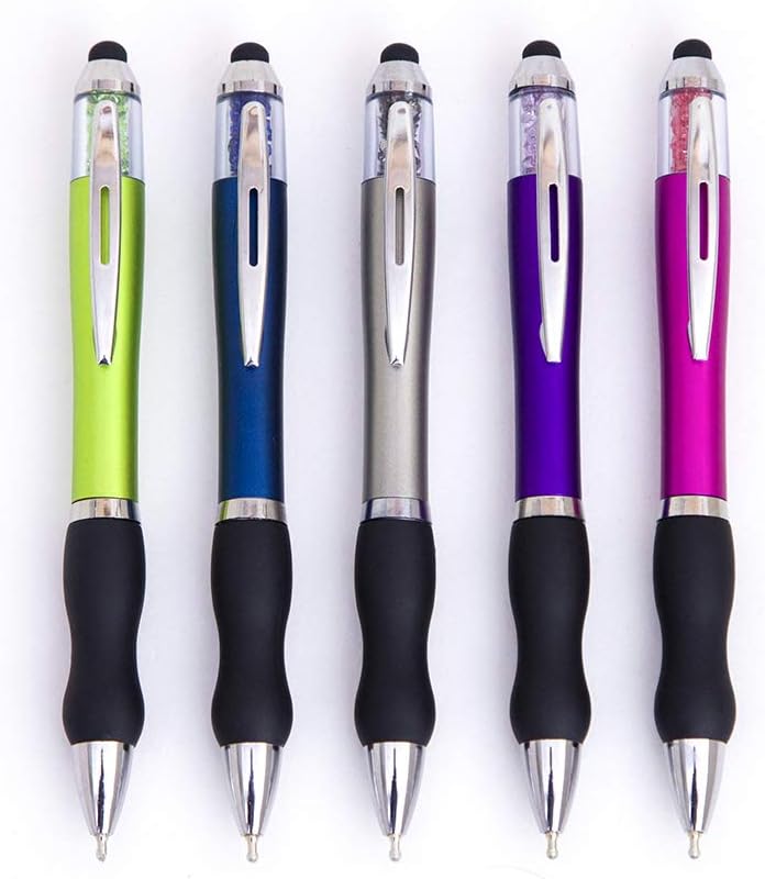 Stylus Pens for Touch Screens Medium Point Pens with Crystals for Women and Kids Black Ink Pen with Stylus Ballpoint Pens with Comfort Grip for The iPad, 5-Pack