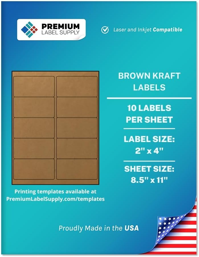 Premium Label Supply Brown Kraft Sticker Labels – 2" x 4" – Laser/Inkjet Compatible – (10 per Sheet), 25 Sheets – 250 Total Adhesive Labels