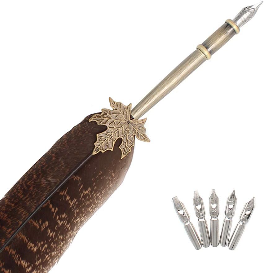 Gullor Quill Handcraft Feather Dip Pen Stem Metal Nib Pen Writing Quill with 5 Extra Nibs, Style F