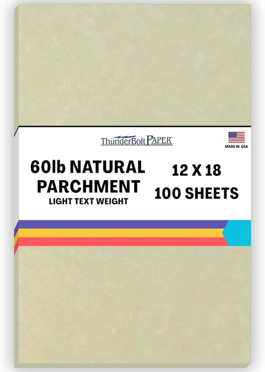 100 Natural Parchment 60# Text (=24# Bond) Paper Sheets - 12 X 18 Inches Poster | Large Size - 60 Pound is Not Card Weight - Vintage Colored Old Parchment Semblance