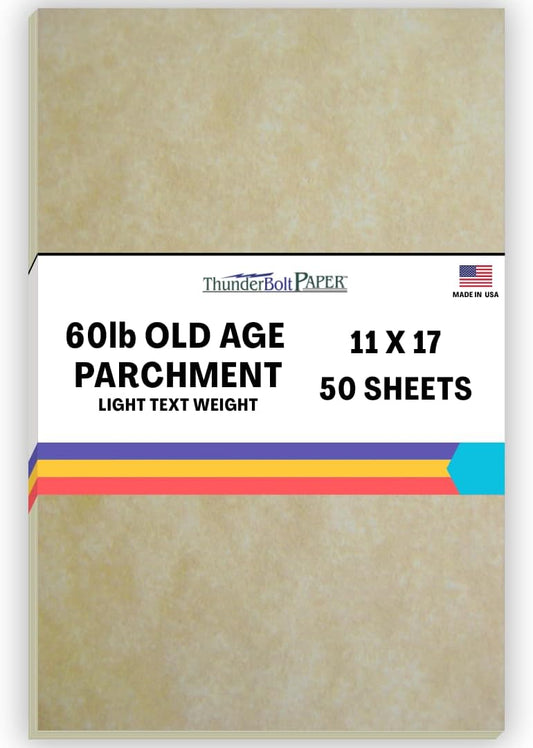 50 Parchment 60# Text (=24# Bond) Paper Sheets - 11" X 17" (11X17 Inches) Tabloid|Ledger|Booklet Size - Vintage Colored Old Parchment Semblance