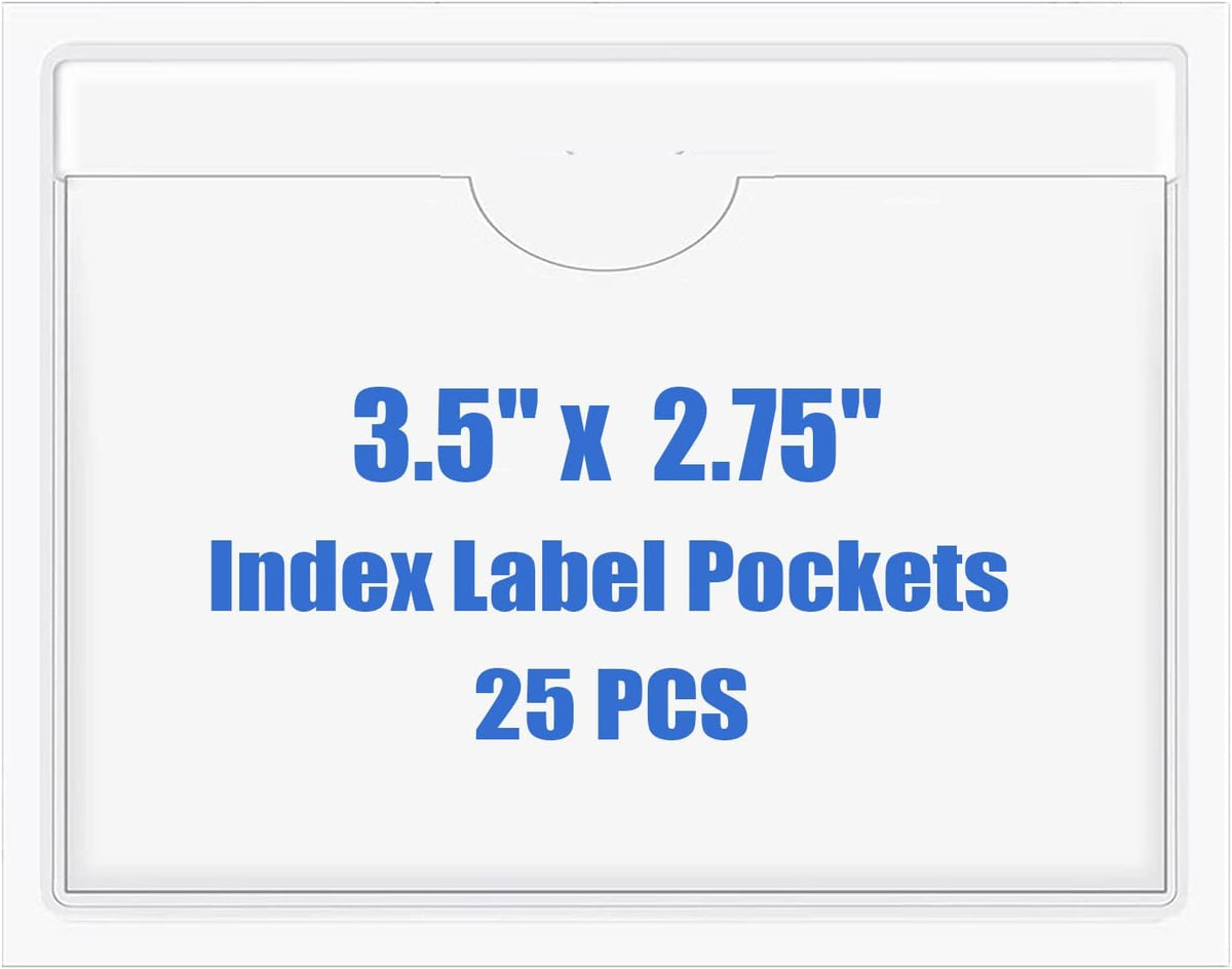 Origin-Joy 25 PCS Self-Adhesive Index Label Pockets, Clear Plastic Peel & Stick Card Holders with Top Open for Loading (3.5 x 2.75 inch)