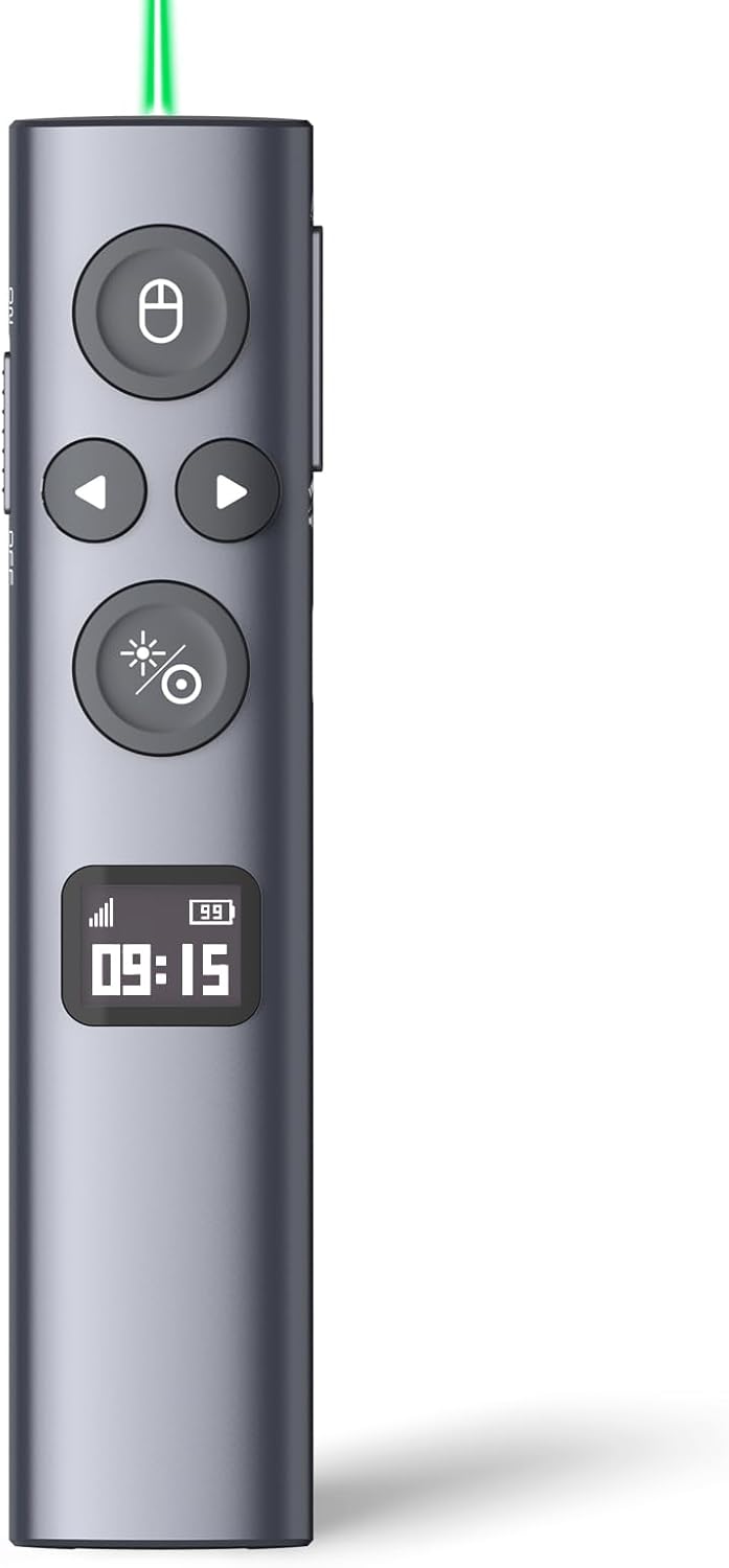 Norwii N95s BLE Presentation Clicker with Digital Pointer for PowerPoint Presentation on TV Screen and Projection Screen, Wireless Presenter Remote with Countdown Timer (Green Light-USB-AC)